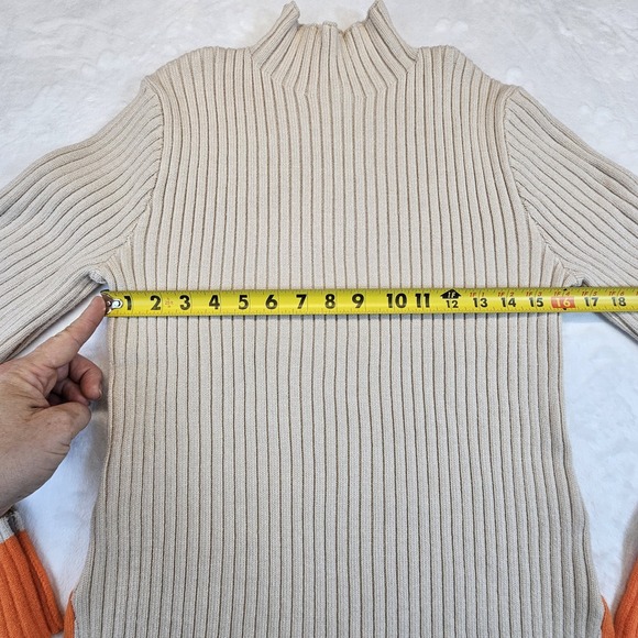 Anthropologie Mock Neck Tan Orange Sweater Womens Medium Bell Sleeve Ribbed Warm - Picture 9 of 11